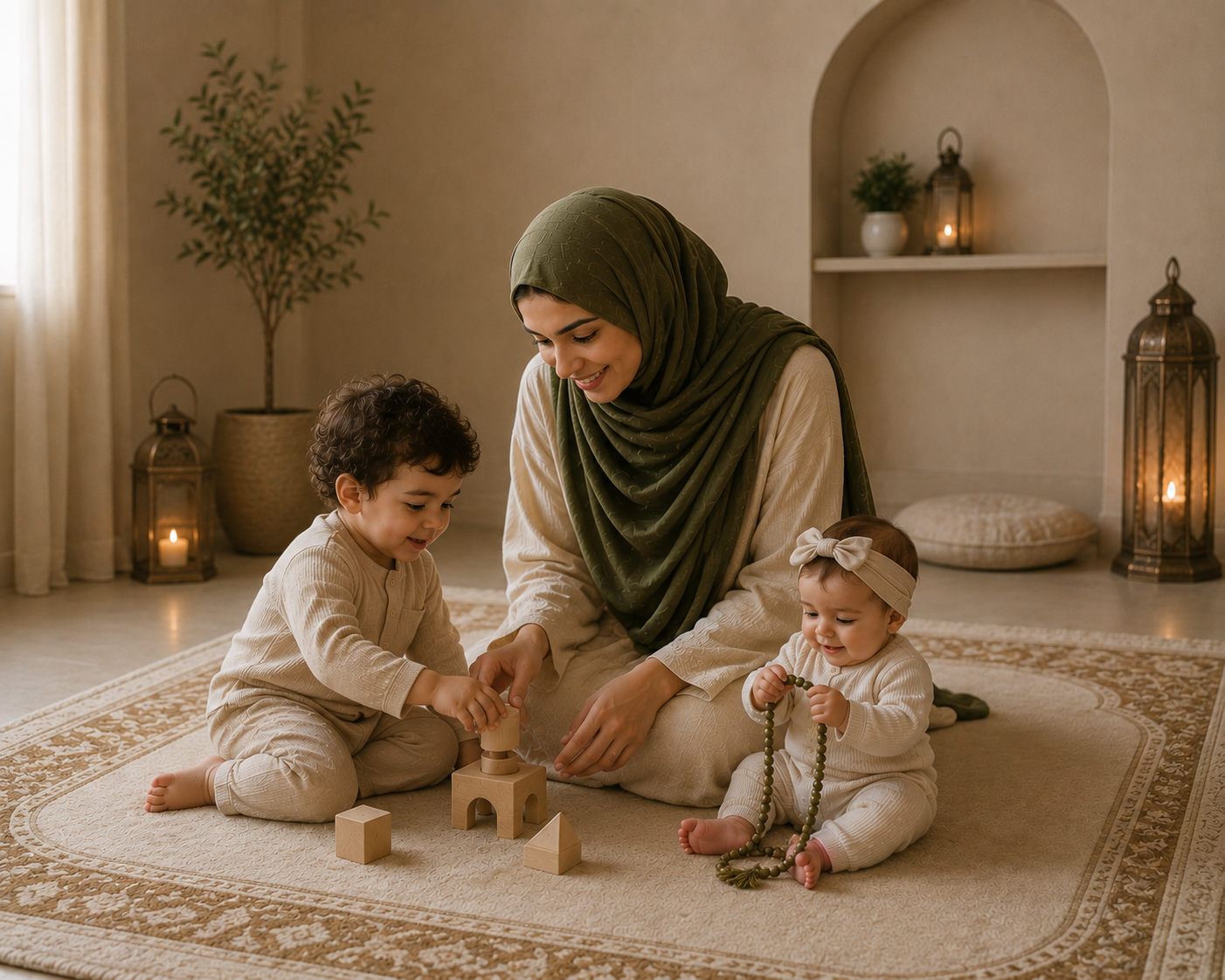 A mother in hijab playing with her two young children on a prayer rug at home