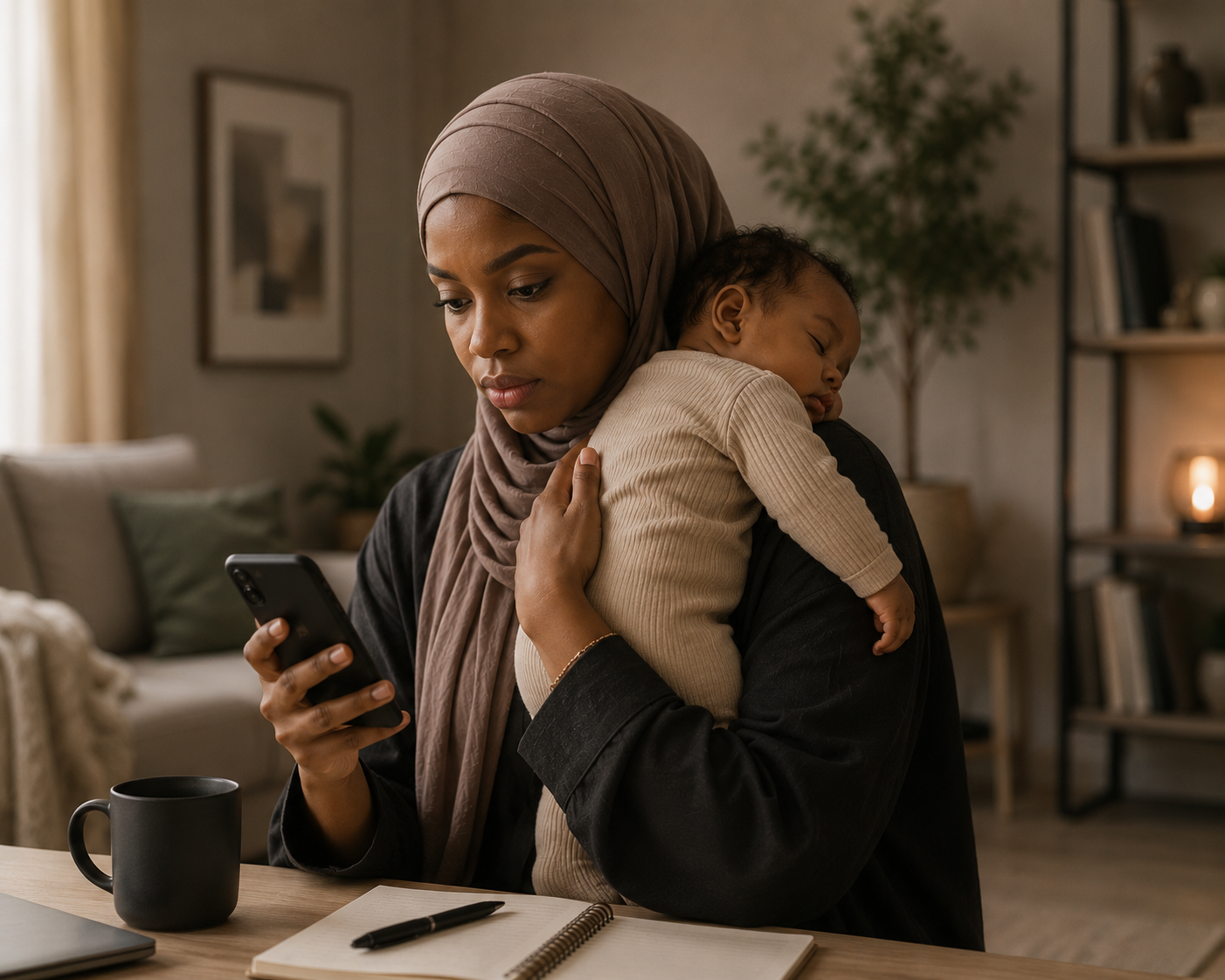 A mother holding her sleeping baby while looking at her phone