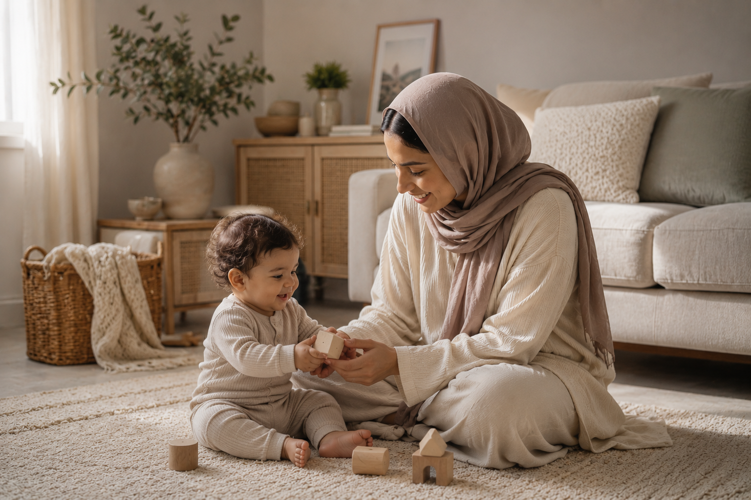 A mother playing with her toddler in a sunlit home